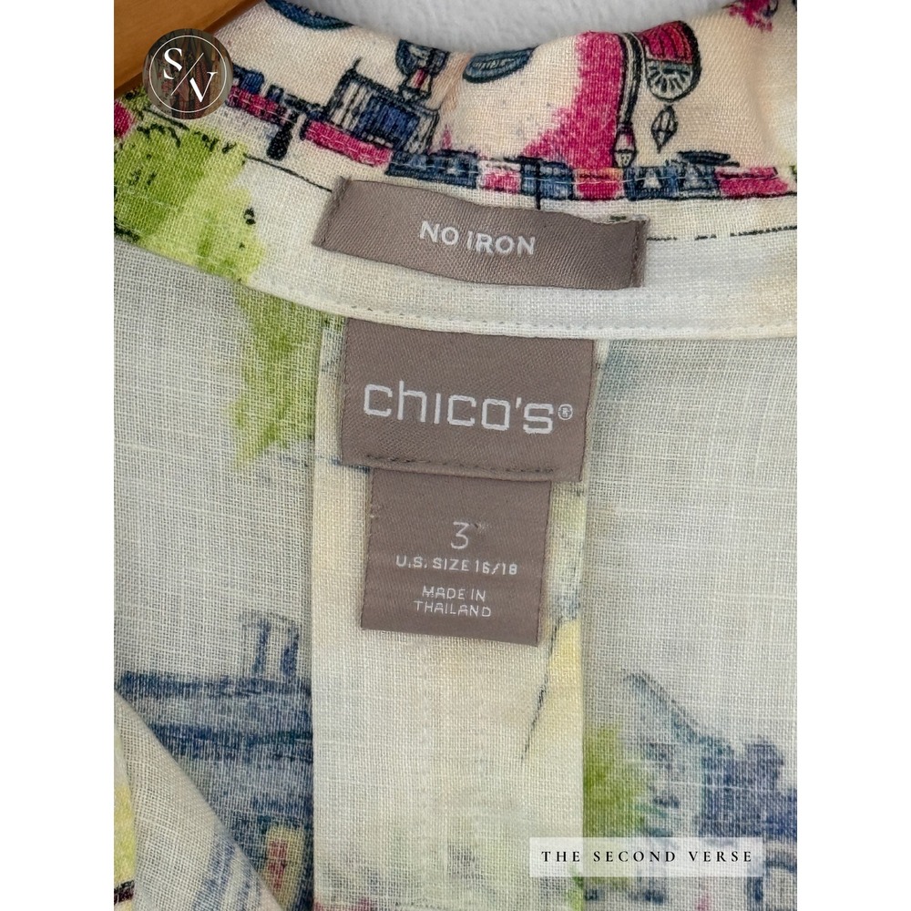 Chico's Linen Button Front Shirt 3/4 Sleeve Atlantic Coastal Scene Size 16/18 - Picture 10 of 10